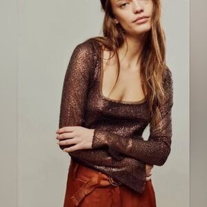 NWOT Free People, Late Night Disco Layering Top, Small in Brown